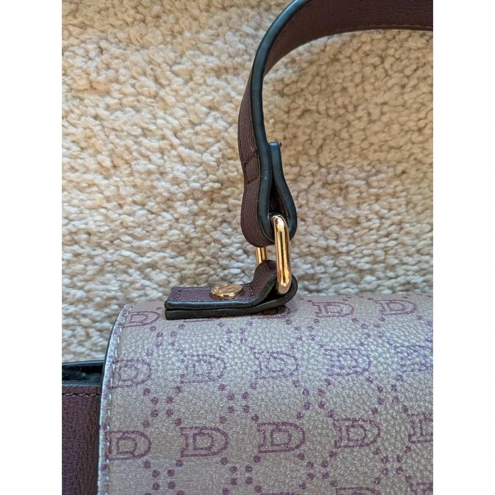 Dune London Plum‎ Purple Monogram Flap Satchel Crossbody Handbag Gold Hardware